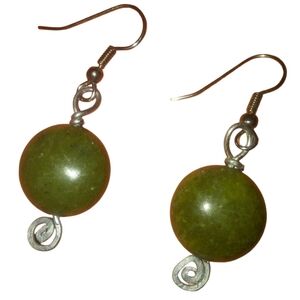 Handmade Serpentine Jade Gemstone Earrings KATTA Round Beads Silver Olive Green